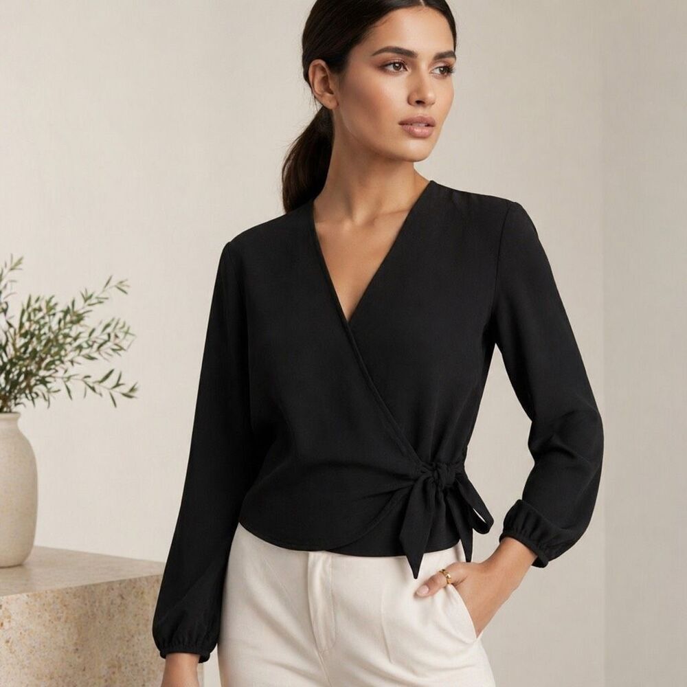 Madewell Texture & Thread Black Crepe Wrap Top XS Tie Waist Blouse